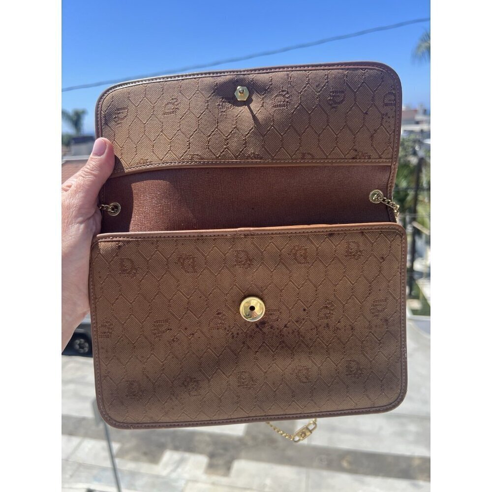 Vintage 70s Christian Dior beige Monogram Canvas leather shoulder bag gold chain - Picture 5 of 16